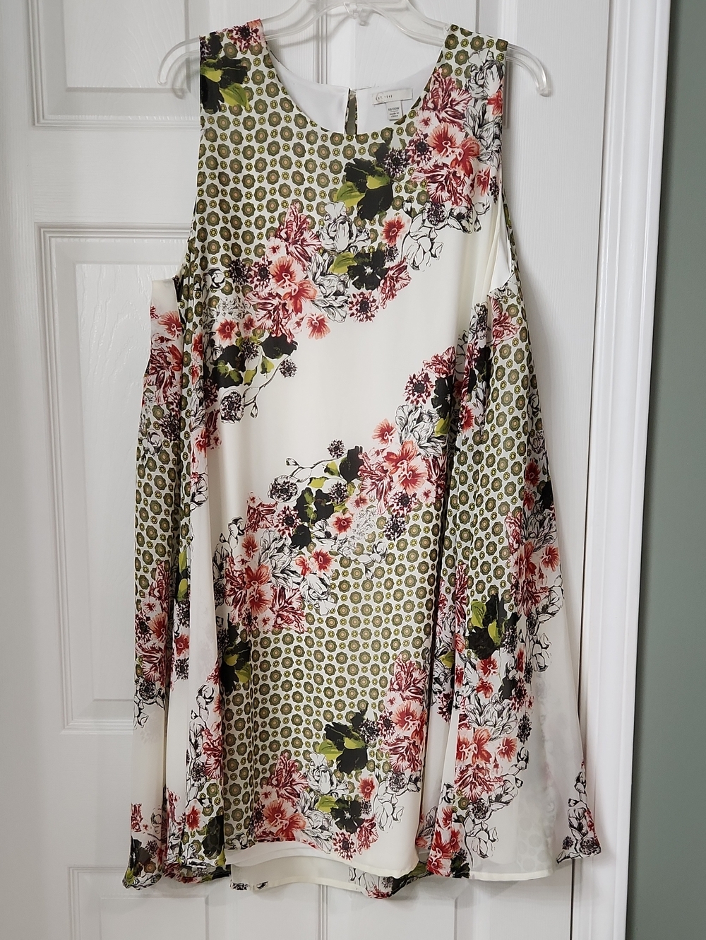 Floral Cold-Shoulder A-Line Dress - Cream with Olive & Pink